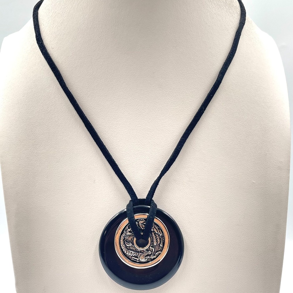 Vintage Cookie Lee Black Resin Silver Tone Dragon Bi Disc Pendant Cord Necklace